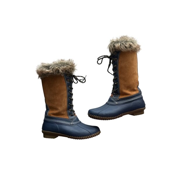 Sporto Duck Lace Up Boots Leather Tan Navy Faux Fur Lined Waterproof Zip Size 7 - Picture 1 of 8